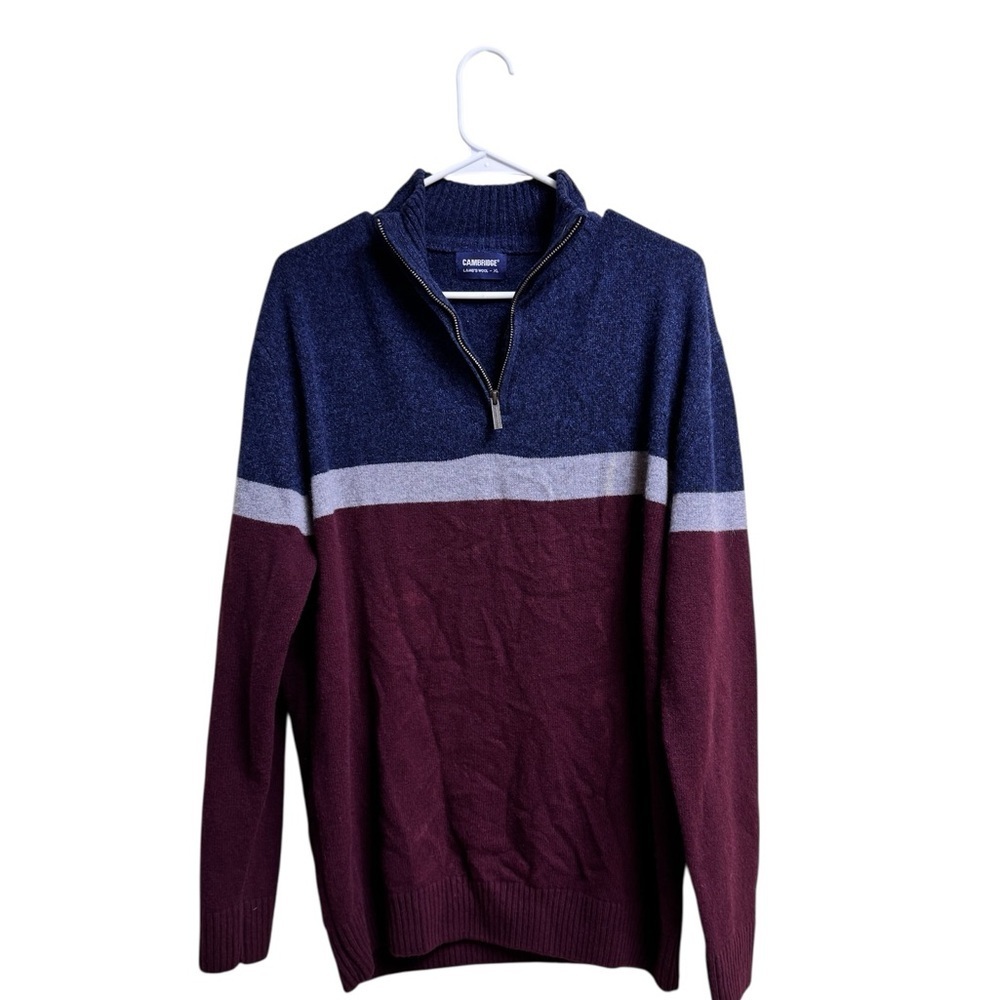 Cambridge Men’s XL 100% Lambswool Quarter Zip Sweater Navy Burgundy Gray